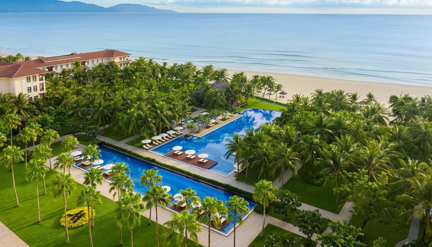 Aerial view of Marriott Danang villas and pool beside the sea