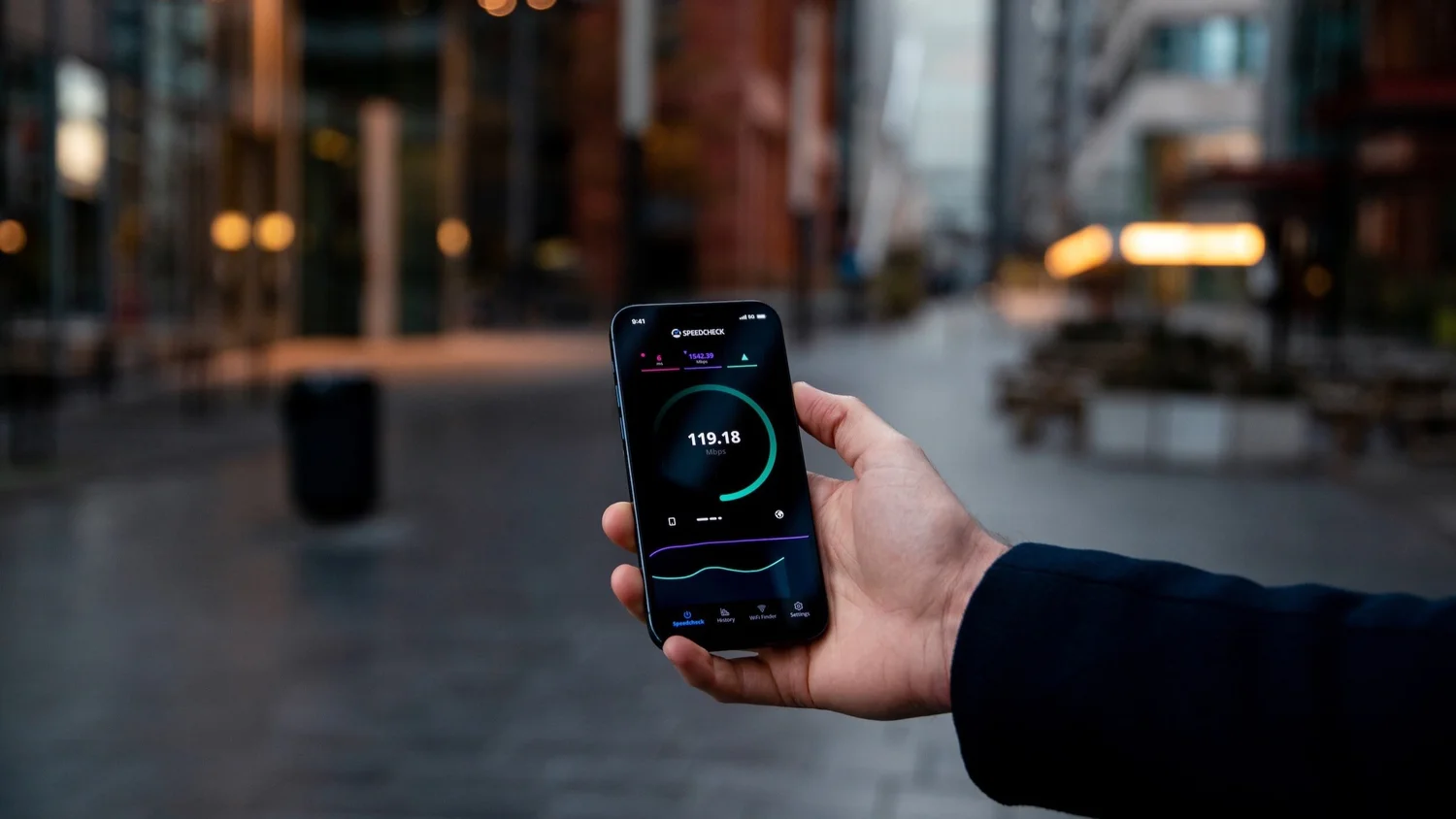 Hand holding a smartphone showing a speed-test app on a city street